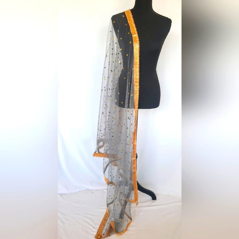 Net Gray Dupatta With Mirrors/Attached With Gold … - image 1
